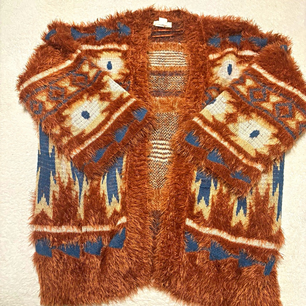 Loveriche Fuzzy Aztec SW Geometric Cardigan Sweater Brown Blue SMALL OVERSIZED